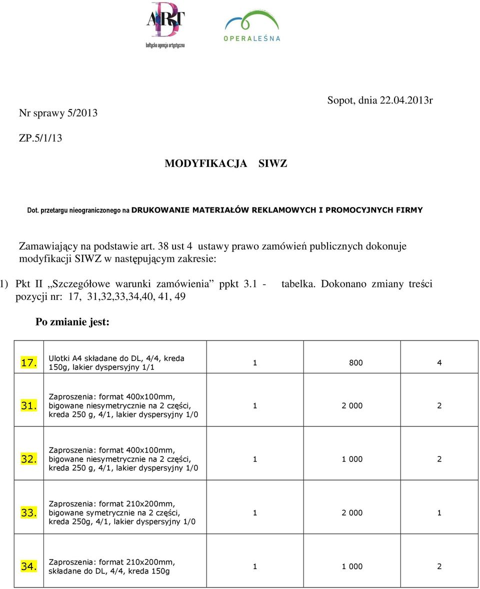 Dokonano zmiany treści pozycji nr: 17, 31,32,33,34,40, 41, 49 Po zmianie jest: 17. Ulotki A4 składane do DL, 4/4, kreda 150g, lakier dyspersyjny 1/1 1 800 4 31.