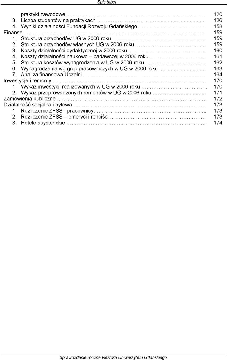 Struktura kosztów wynagrodzenia w UG w 2006 roku.. 162 6. Wynagrodzenia wg grup pracowniczych w UG w 2006 roku... 163 7. Analiza finansowa Uczelni... 164 Inwestycje i remonty. 170 1.