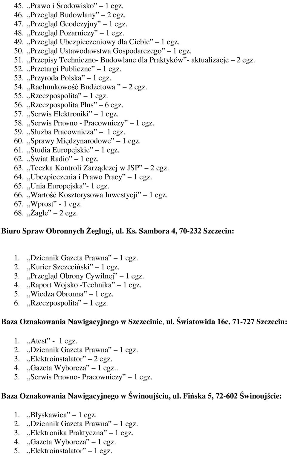 Rachunkowość Budżetowa 2 egz. 55. Rzeczpospolita 1 egz. 56. Rzeczpospolita Plus 6 egz. 57. Serwis Elektroniki 1 egz. 58. Serwis Prawno - Pracowniczy 1 egz. 59. Służba Pracownicza 1 egz. 60.