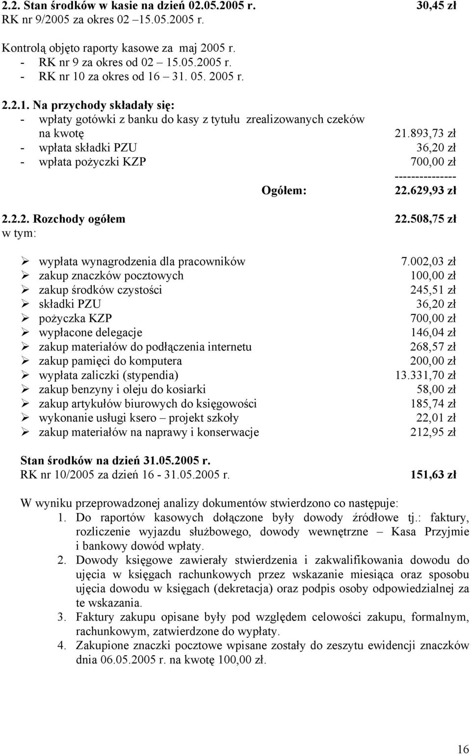 893,73 zł - wpłata składki PZU 36,20 zł - wpłata pożyczki KZP 700,00 zł --------------- Ogółem: 22.629,93 zł 2.2.2. Rozchody ogółem 22.