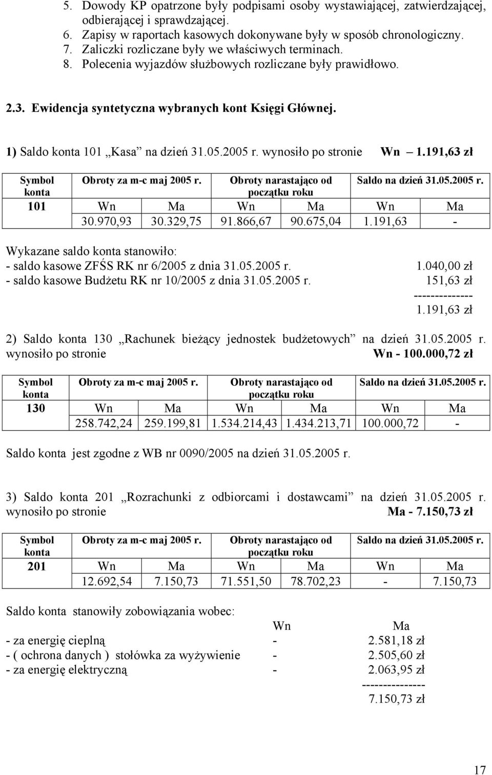 1) Saldo konta 101 Kasa na dzień 31.05.2005 r. wynosiło po stronie Wn 1.191,63 zł Symbol konta 101 Obroty za m-c maj 2005 r. Obroty narastająco od Saldo na dzień 31.05.2005 r. początku roku Wn Ma Wn Ma Wn Ma 30.