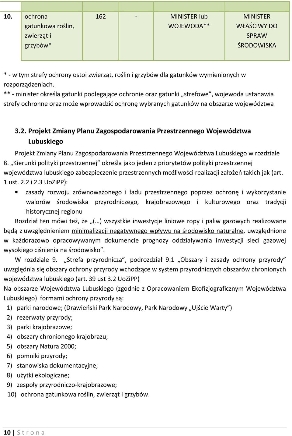 ** - minister określa gatunki podlegające ochronie oraz gatunki strefowe, wojewoda ustanawia strefy ochronne oraz może wprowadzić ochronę wybranych gatunków na obszarze województwa 3.2.