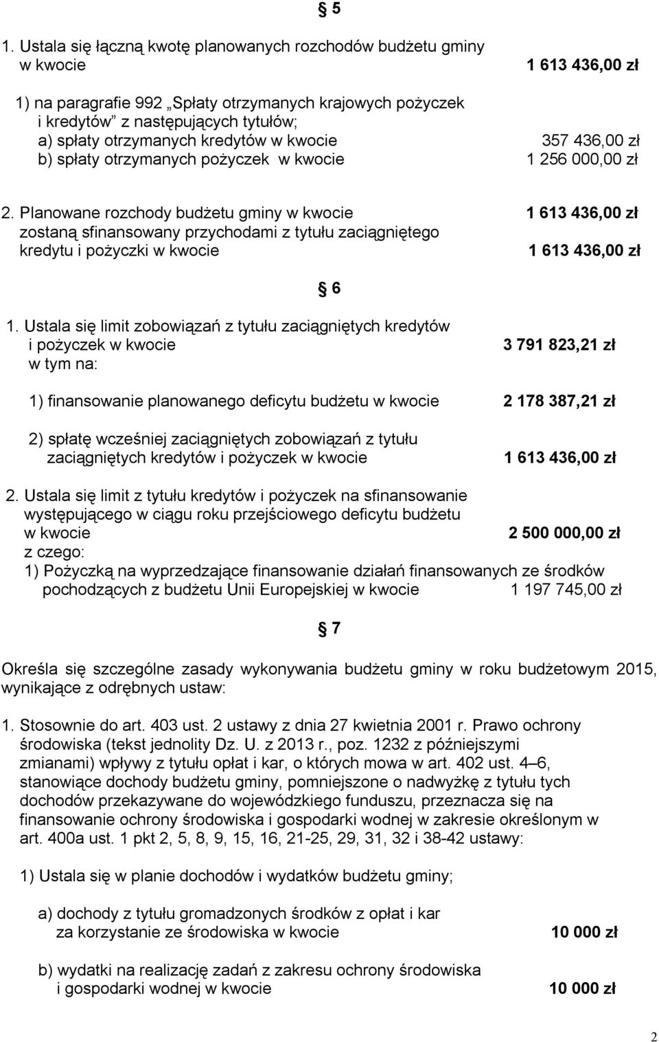 Planowane rozchody budżetu gminy w kwocie 1 613 436,00 zł zostaną sfinansowany przychodami z tytułu zaciągniętego kredytu i pożyczki w kwocie 1 613 436,00 zł 6 1.