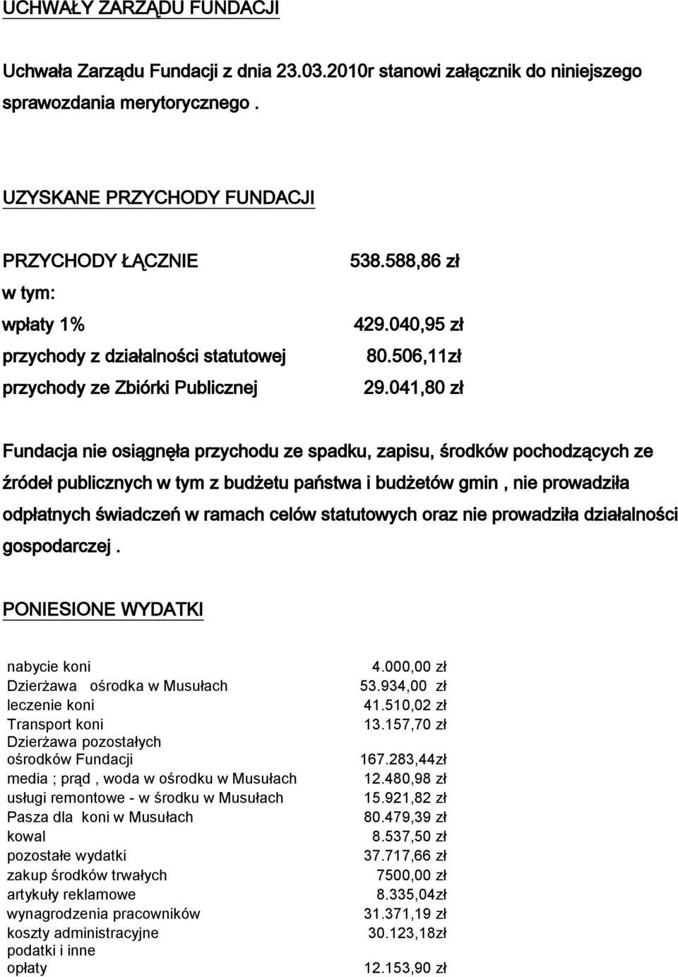 041,80 zł Fundacja nie osiągnęła przychodu ze spadku, zapisu, środków pochodzących ze źródeł publicznych w tym z budżetu państwa i budżetów gmin, nie prowadziła odpłatnych świadczeń w ramach celów