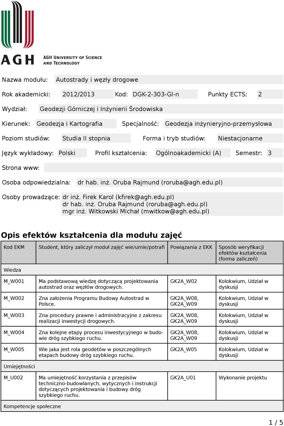odpowiedzialna: dr hab. inż. Oruba Rajmund (roruba@agh.edu.pl) Osoby prowadzące: dr inż. Firek Karol (kfirek@agh.edu.pl) dr hab. inż. Oruba Rajmund (roruba@agh.edu.pl) mgr inż.