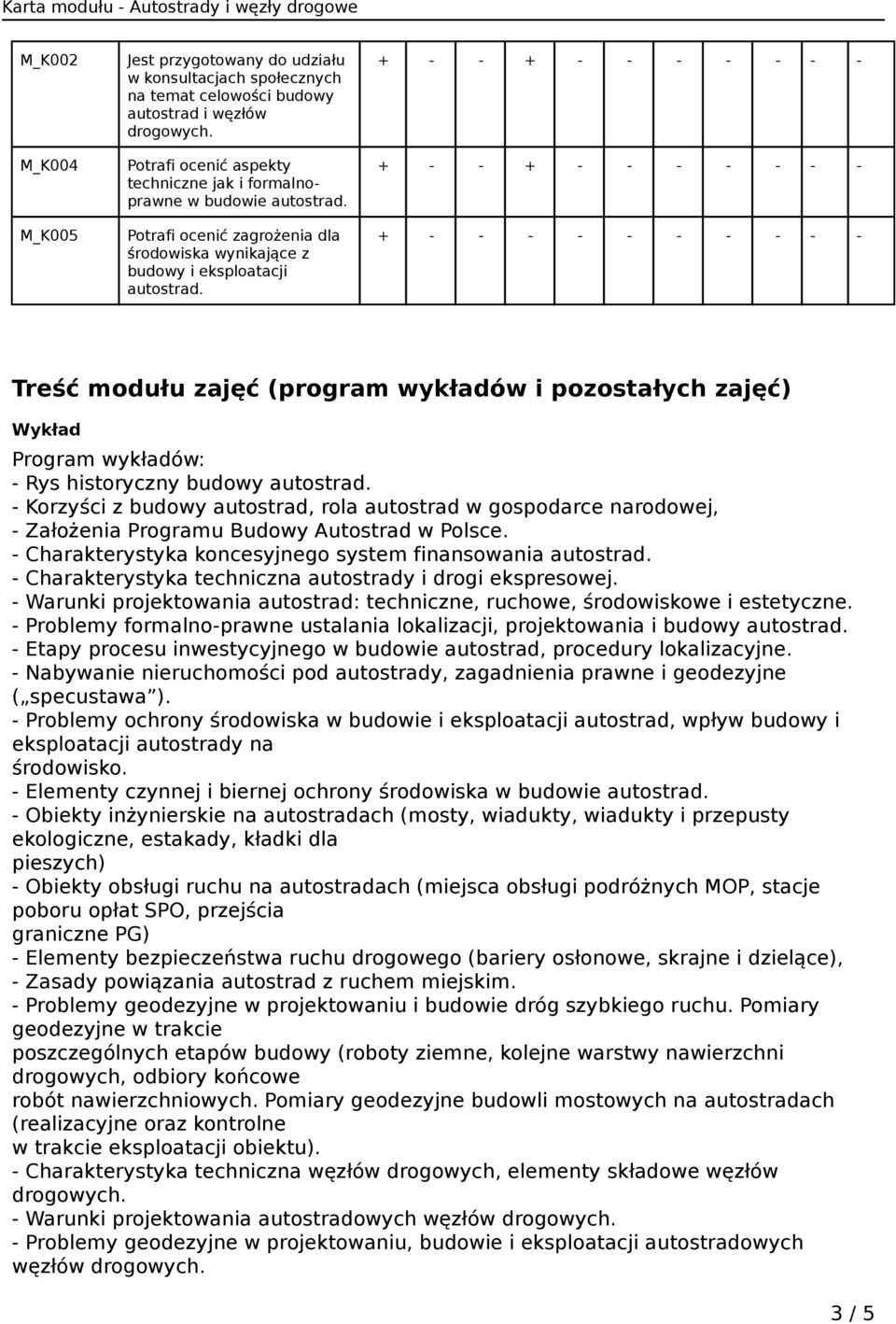 Treść modułu zajęć (program wykładów i pozostałych zajęć) Wykład Program wykładów: - Rys historyczny budowy autostrad.