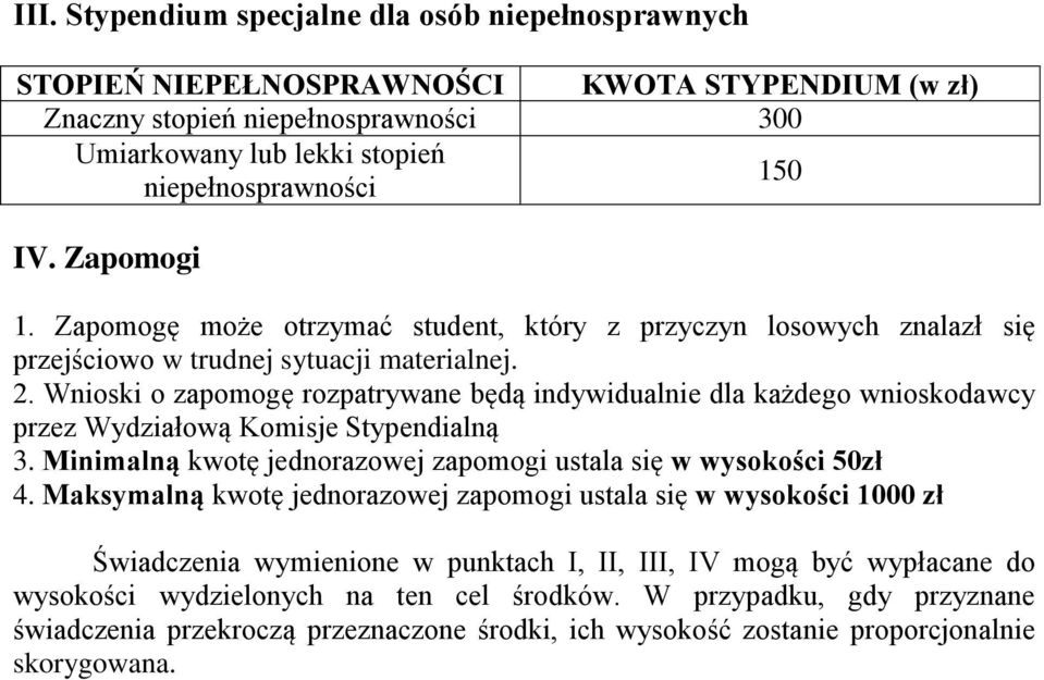 Wnioski o zapomogę rozpatrywane będą indywidualnie dla każdego wnioskodawcy przez Wydziałową Komisje Stypendialną 3. Minimalną kwotę jednorazowej zapomogi ustala się w wysokości 50zł 4.