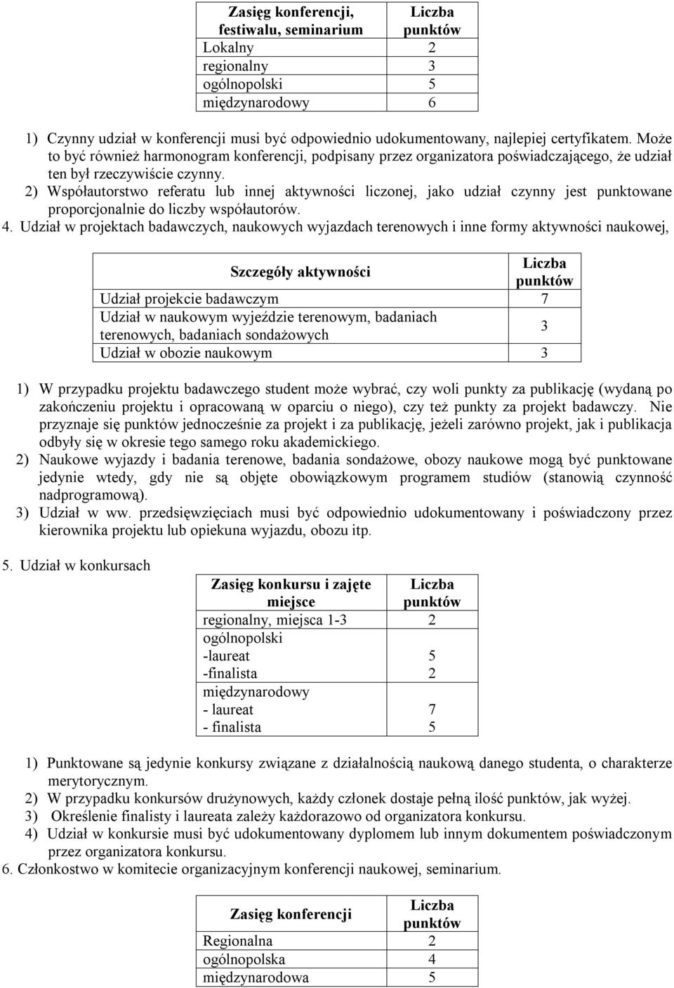 2) Współautorstwo referatu lub innej aktywności liczonej, jako udział czynny jest punktowane proporcjonalnie do liczby współautorów. 4.