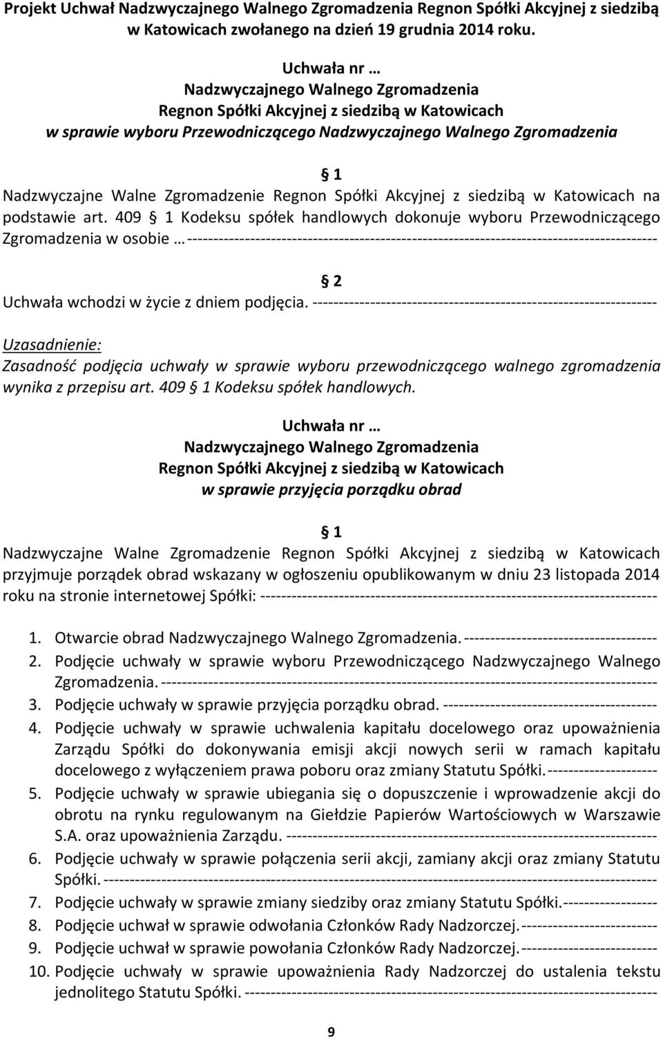 409 Kodeksu spółek handlowych dokonuje wyboru Przewodniczącego Zgromadzenia w osobie ------------------------------------------------------------------------------------------ Uchwała wchodzi w życie