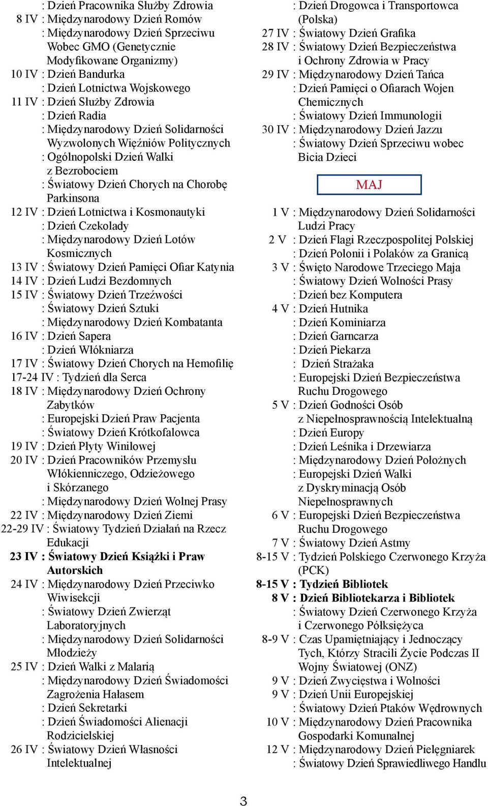 Parkinsona 12 IV : Dzień Lotnictwa i Kosmonautyki : Dzień Czekolady : Międzynarodowy Dzień Lotów Kosmicznych 13 IV : Światowy Dzień Pamięci Ofiar Katynia 14 IV : Dzień Ludzi Bezdomnych 15 IV :