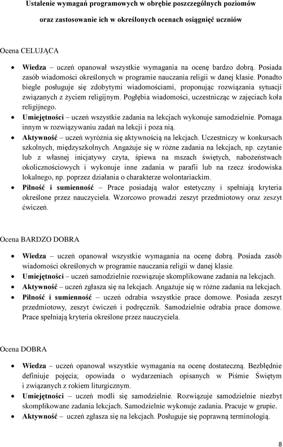Ponadto biegle posługuje się zdobytymi wiadomościami, proponując rozwiązania sytuacji związanych z życiem religijnym. Pogłębia wiadomości, uczestnicząc w zajęciach koła religijnego.
