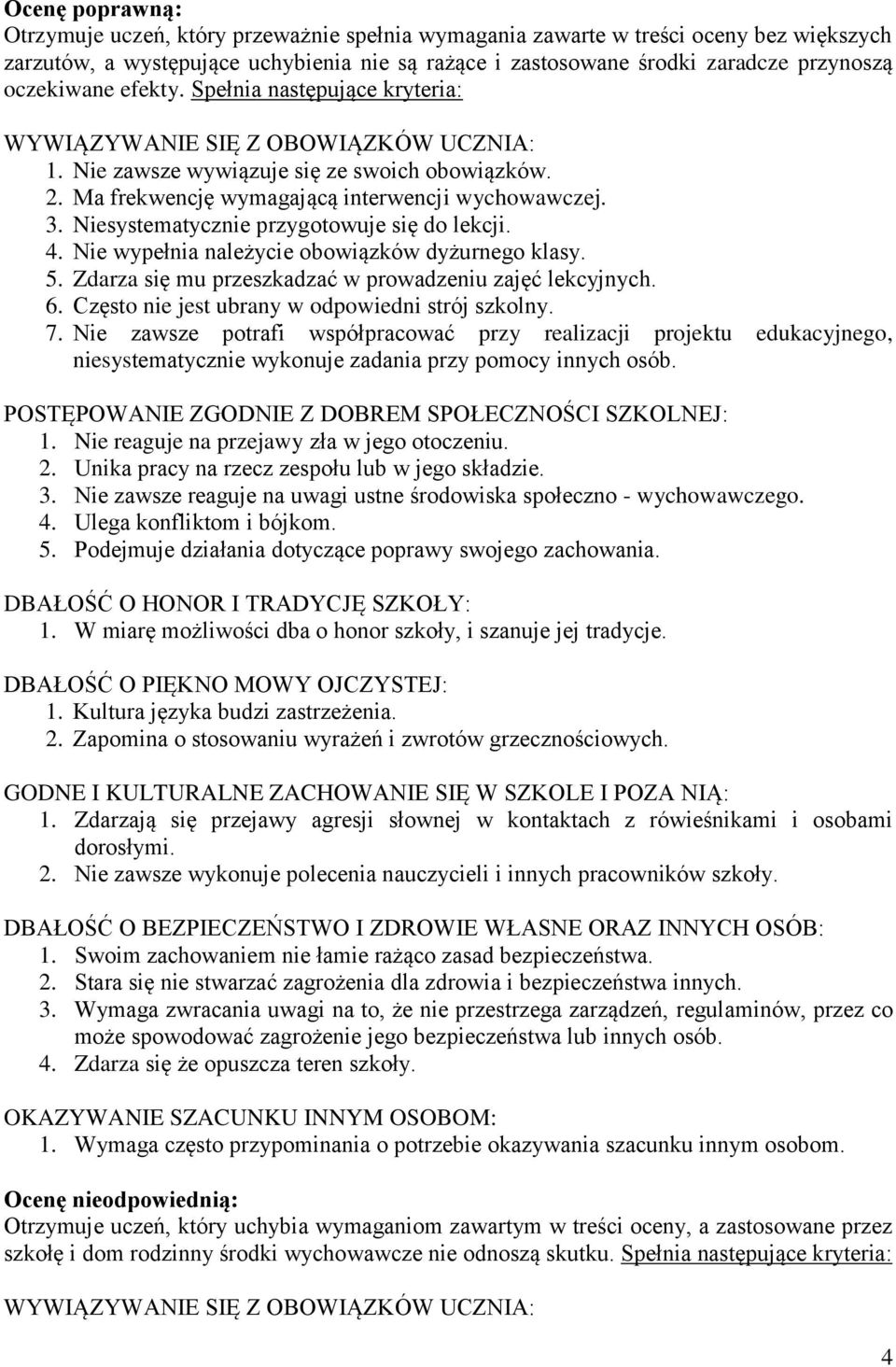 Nie wypełnia należycie obowiązków dyżurnego klasy. 5. Zdarza się mu przeszkadzać w prowadzeniu zajęć lekcyjnych. 6. Często nie jest ubrany w odpowiedni strój szkolny. 7.