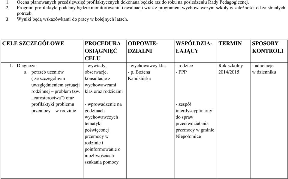 CELE SZCZEGÓŁOWE 1. Diagnoza: a. potrzeb uczniów ( ze szczególnym uwzględnieniem sytuacji rodzinnej problem tzw.