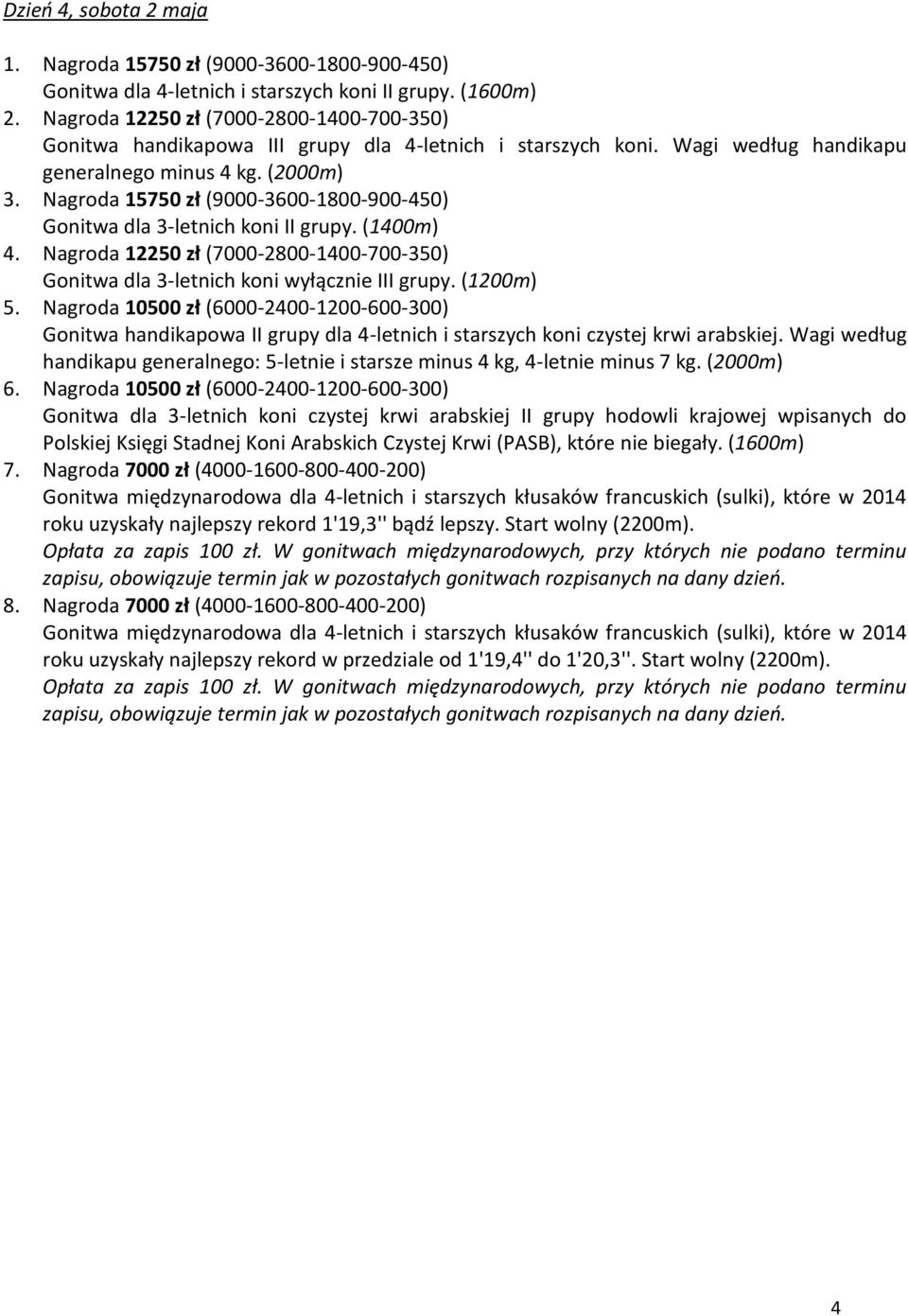 Nagroda 15750 zł (9000-3600-1800-900-450) Gonitwa dla 3-letnich koni II grupy. (1400m) 4. Nagroda 12250 zł (7000-2800-1400-700-350) Gonitwa dla 3-letnich koni wyłącznie III grupy. (1200m) 5.