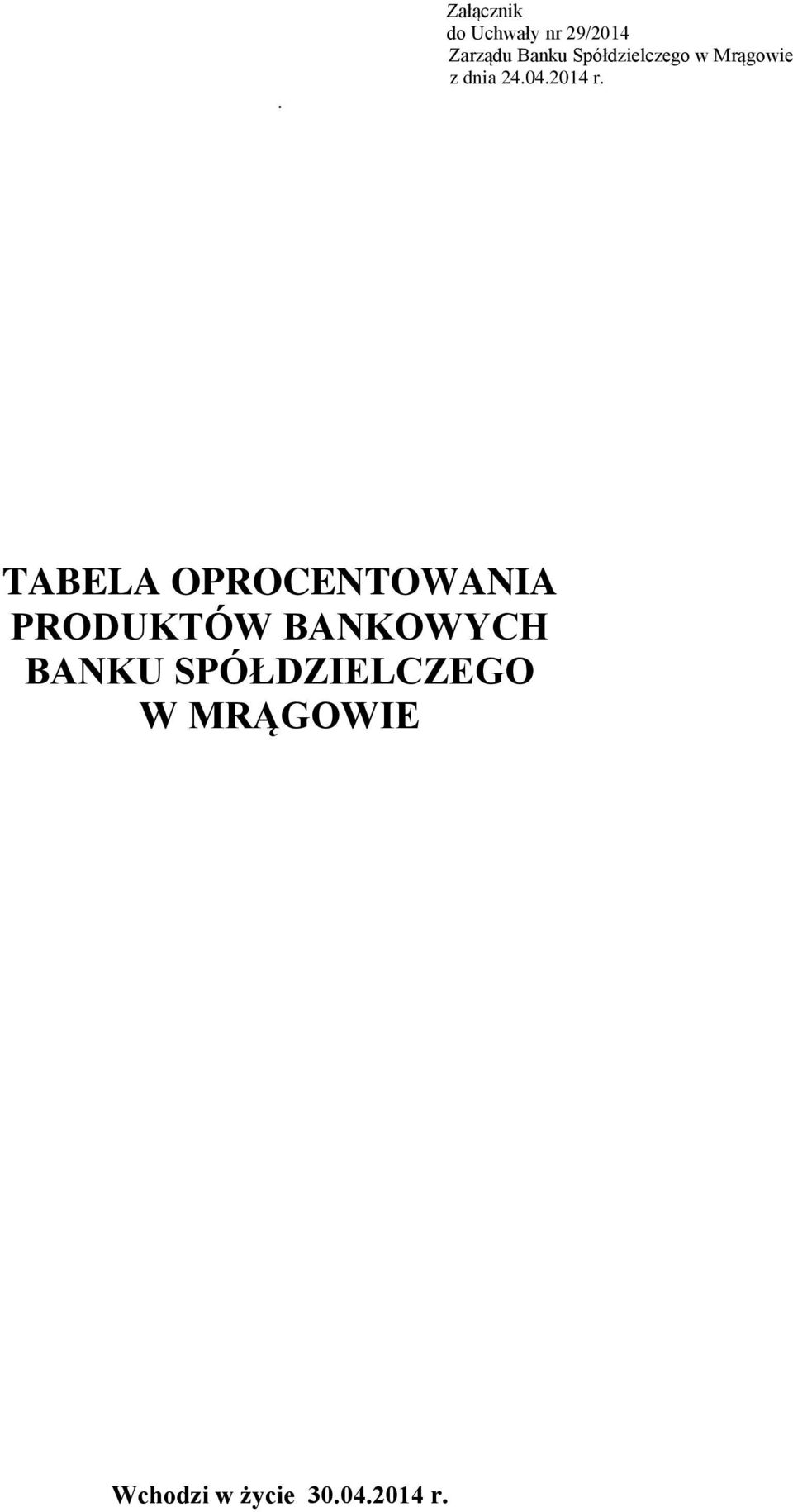 TABELA OPROCENTOWANIA PRODUKTÓW BANKOWYCH BANKU