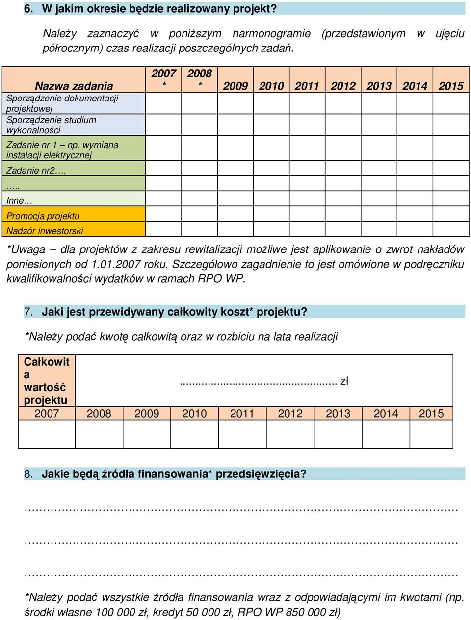 .. Inne Promocja projektu Nadzór inwestorski 2007 * 2008 * 2009 2010 2011 2012 2013 2014 2015 *Uwaga dla projektów z zakresu rewitalizacji moŝliwe jest aplikowanie o zwrot nakładów poniesionych od 1.