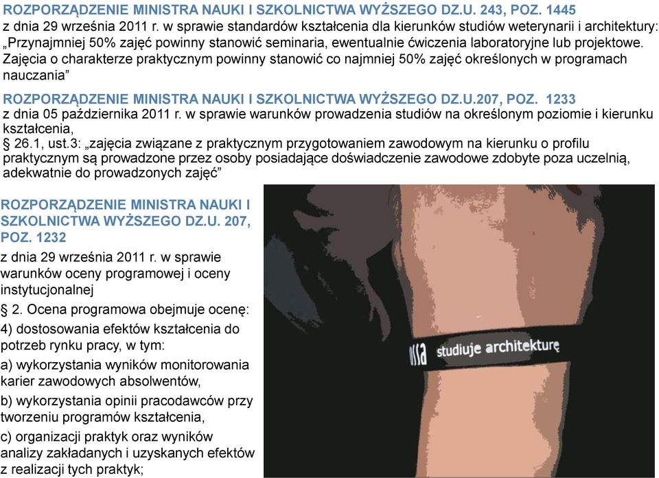 Zajęcia o charakterze praktycznym powinny stanowić co najmniej 50% zajęć określonych w programach nauczania ROZPORZĄDZENIE MINISTRA NAUKI I SZKOLNICTWA WYŻSZEGO DZ.U.207, POZ.