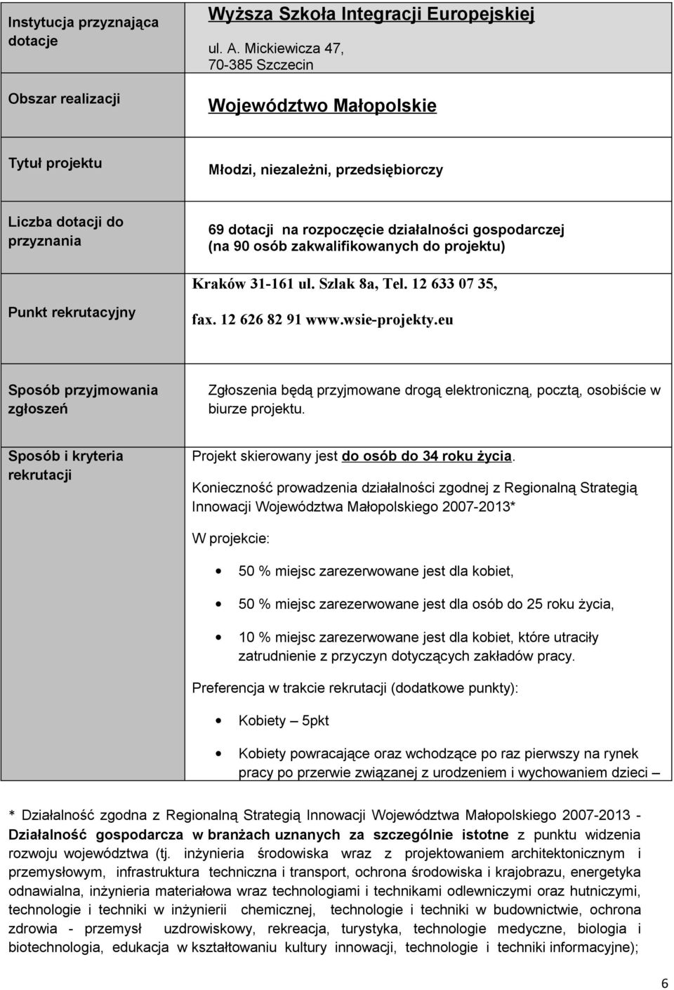 12 633 07 35, fax. 12 626 82 91 www.wsie-projekty.eu Zgłoszenia będą przyjmowane drogą elektroniczną, pocztą, osobiście w biurze projektu. Projekt skierowany jest do osób do 34 roku życia.