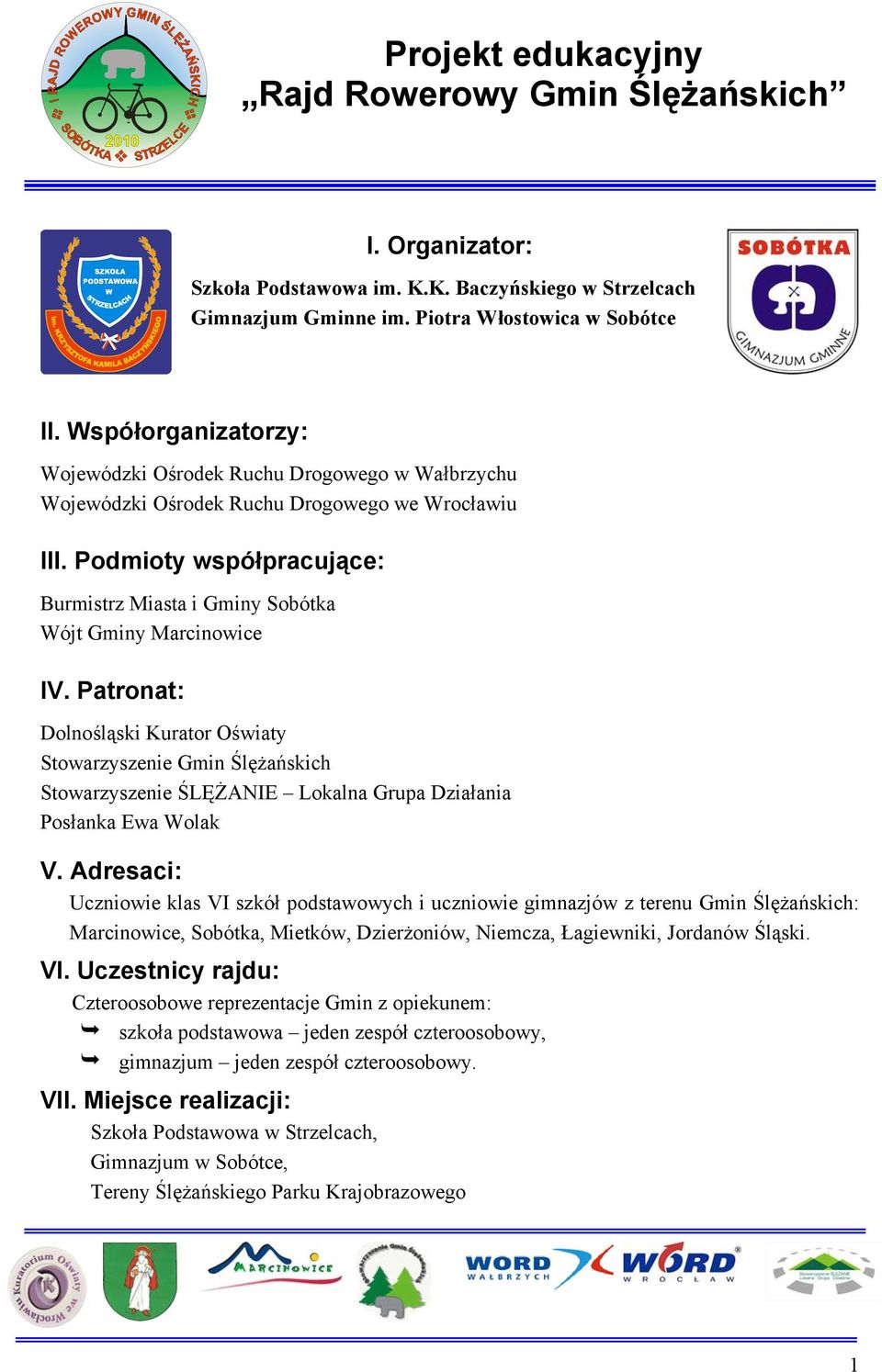 Podmioty współpracujące: Burmistrz Miasta i Gminy Sobótka Wójt Gminy Marcinowice IV.