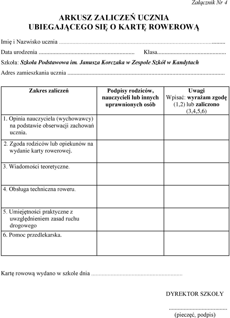 Zgoda rodziców lub opiekunów na wydanie karty rowerowej. Podpisy rodziców, nauczycieli lub innych uprawnionych osób Uwagi Wpisać: wyrażam zgodę (,2) lub zaliczono (3,4,5,6) 3.