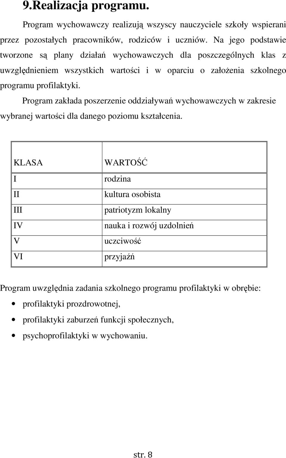 Program zakłada poszerzenie oddziaływań wychowawczych w zakresie wybranej wartości dla danego poziomu kształcenia.