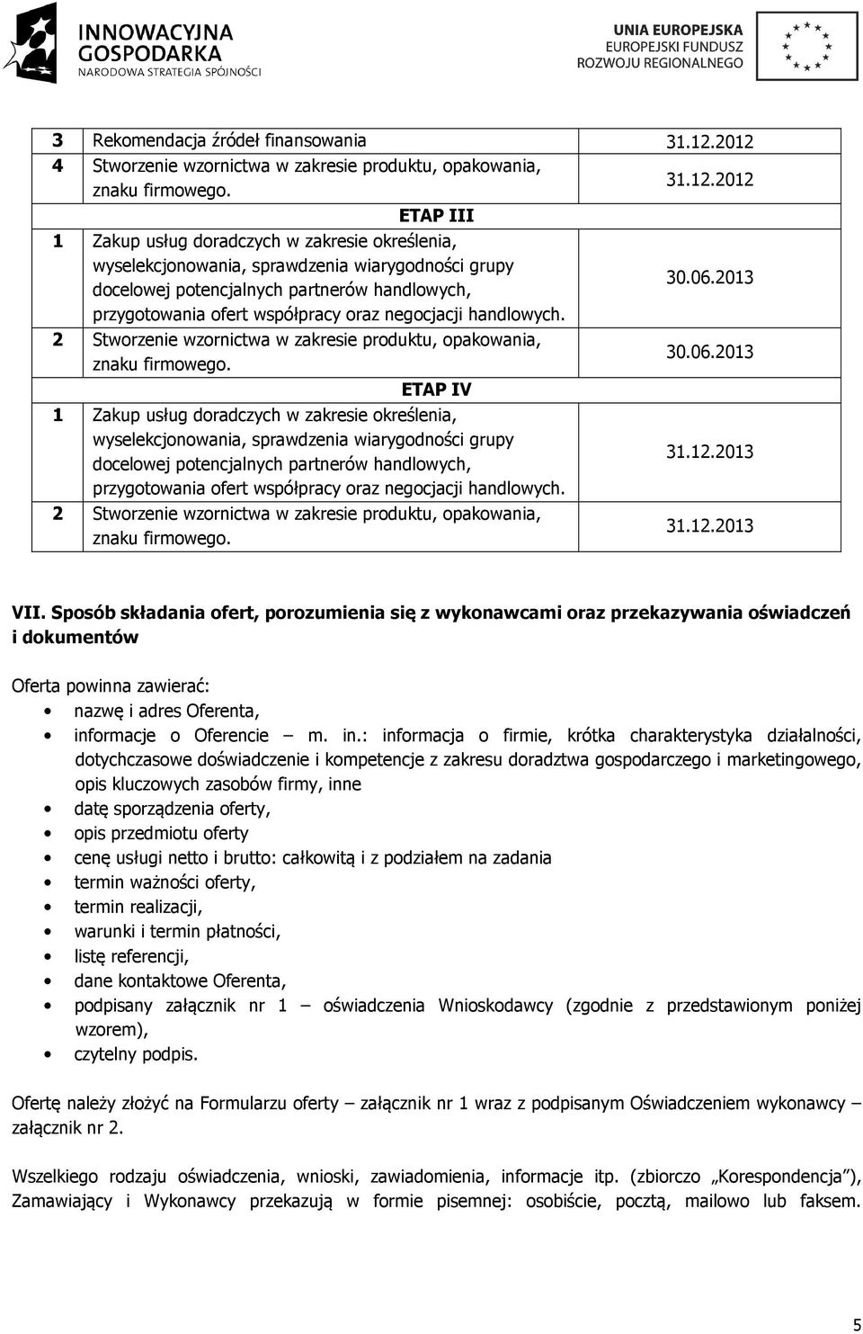 12.2013 docelowej potencjalnych partnerów handlowych, przygotowania ofert współpracy oraz negocjacji handlowych. 2 Stworzenie wzornictwa w zakresie produktu, opakowania, 31.12.2013 VII.