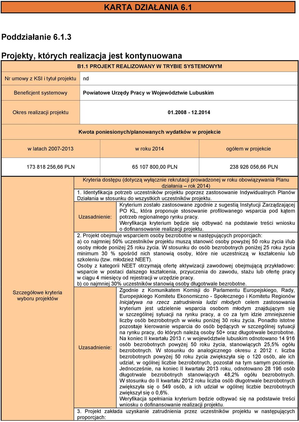 2014 Kwota poniesionych/planowanych wydatków w projekcie w latach 2007-2013 w roku 2014 ogółem w projekcie 173 818 256,66 PLN 65 107 800,00 PLN 238 926 056,66 PLN Szczegółowe kryteria wyboru