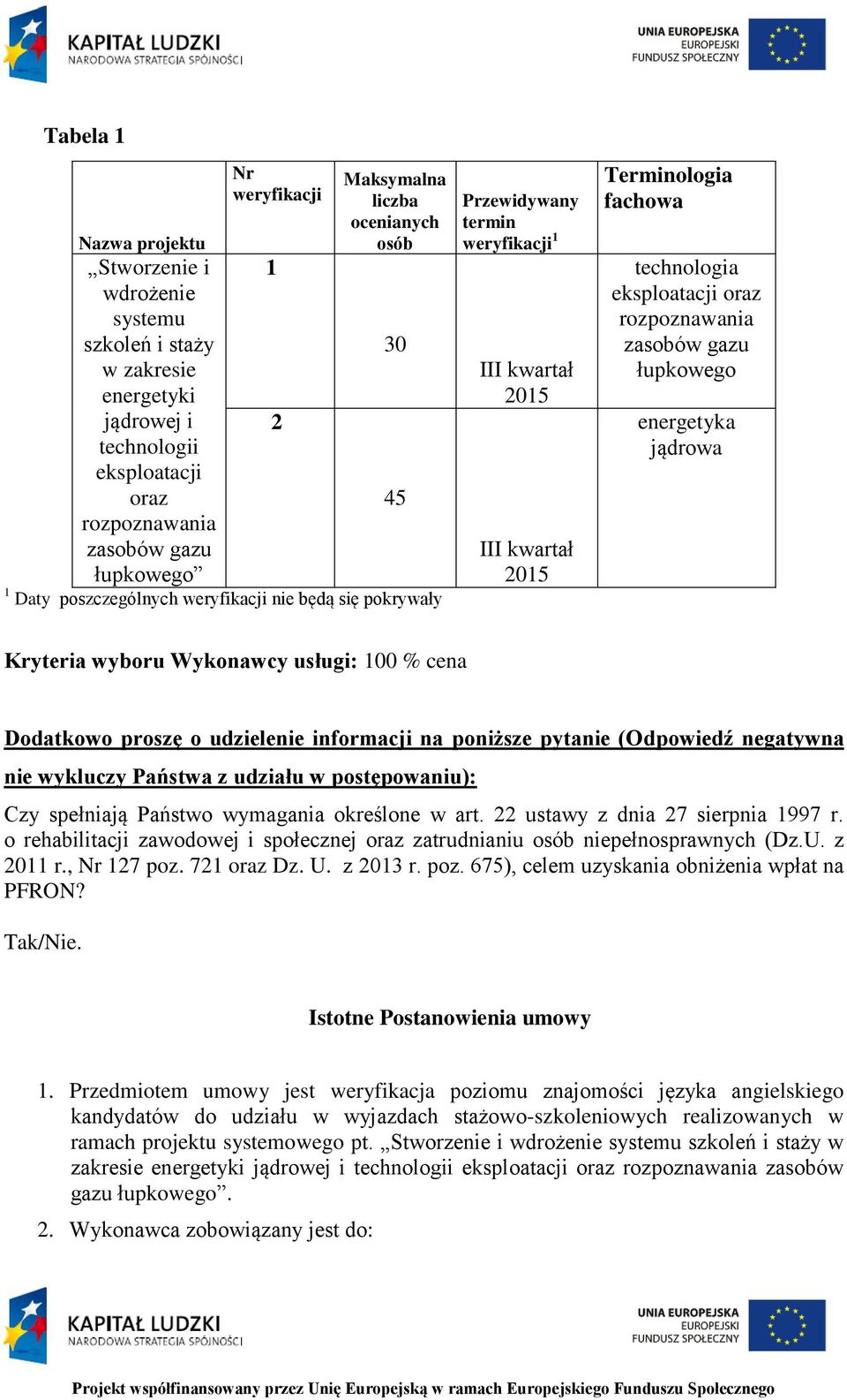 eksploatacji oraz rozpoznawania zasobów gazu łupkowego energetyka jądrowa Kryteria wyboru Wykonawcy usługi: 100 % cena Dodatkowo proszę o udzielenie informacji na poniższe pytanie (Odpowiedź