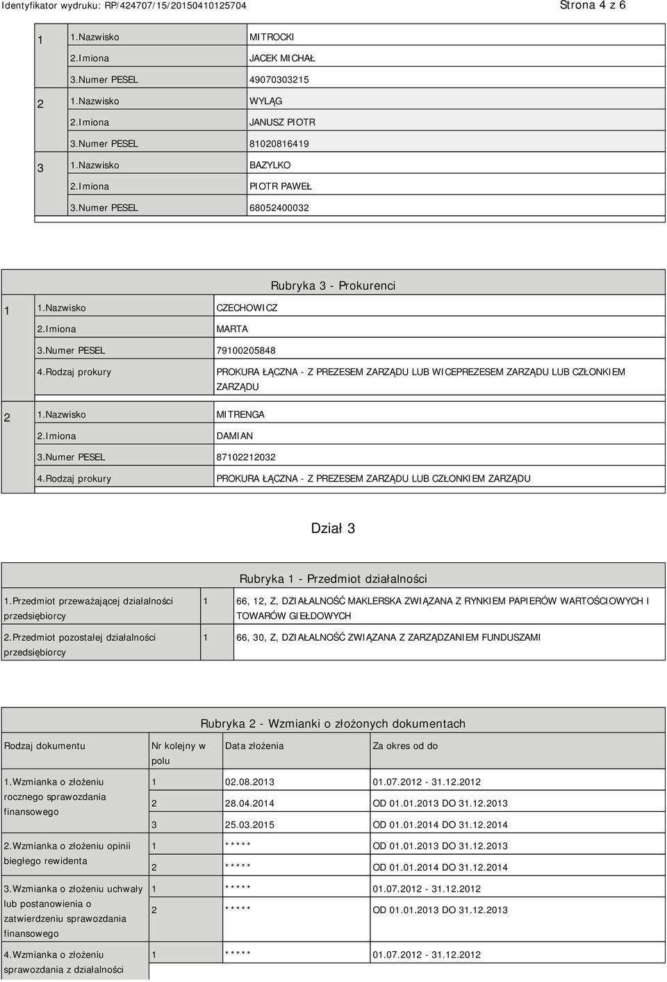 Nazwisko MITRENGA DAMIAN 3.Numer PESEL 87102212032 4.Rodzaj prokury PROKURA ŁĄCZNA - Z PREZESEM ZARZĄDU LUB CZŁONKIEM ZARZĄDU Dział 3 Rubryka 1 - Przedmiot działalności 1.