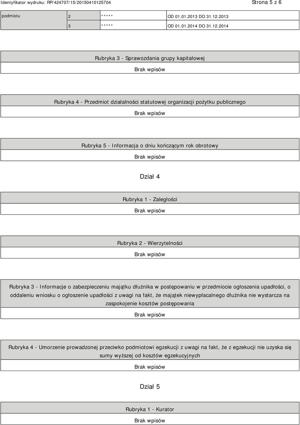 2014 Rubryka 3 - Sprawozdania grupy kapitałowej Rubryka 4 - Przedmiot działalności statutowej organizacji pożytku publicznego Rubryka 5 - Informacja o dniu kończącym rok obrotowy Dział 4