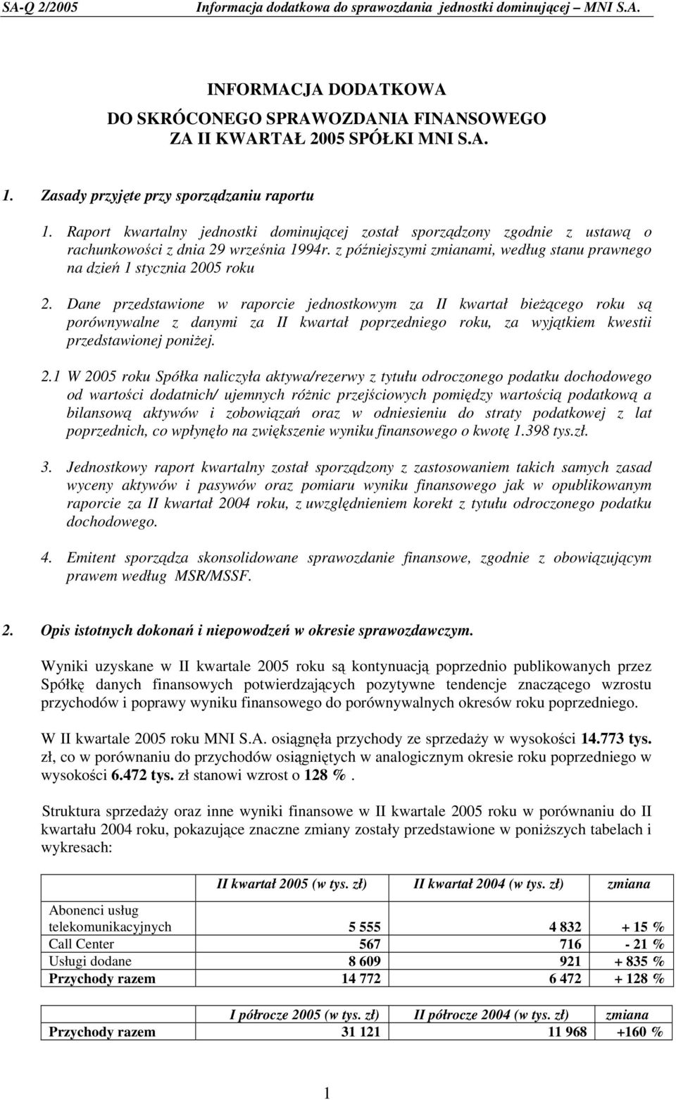 Dane przedstawione w raporcie jednostkowym za II kwartał bieŝącego roku są porównywalne z danymi za II kwartał poprzedniego roku, za wyjątkiem kwestii przedstawionej poniŝej. 2.