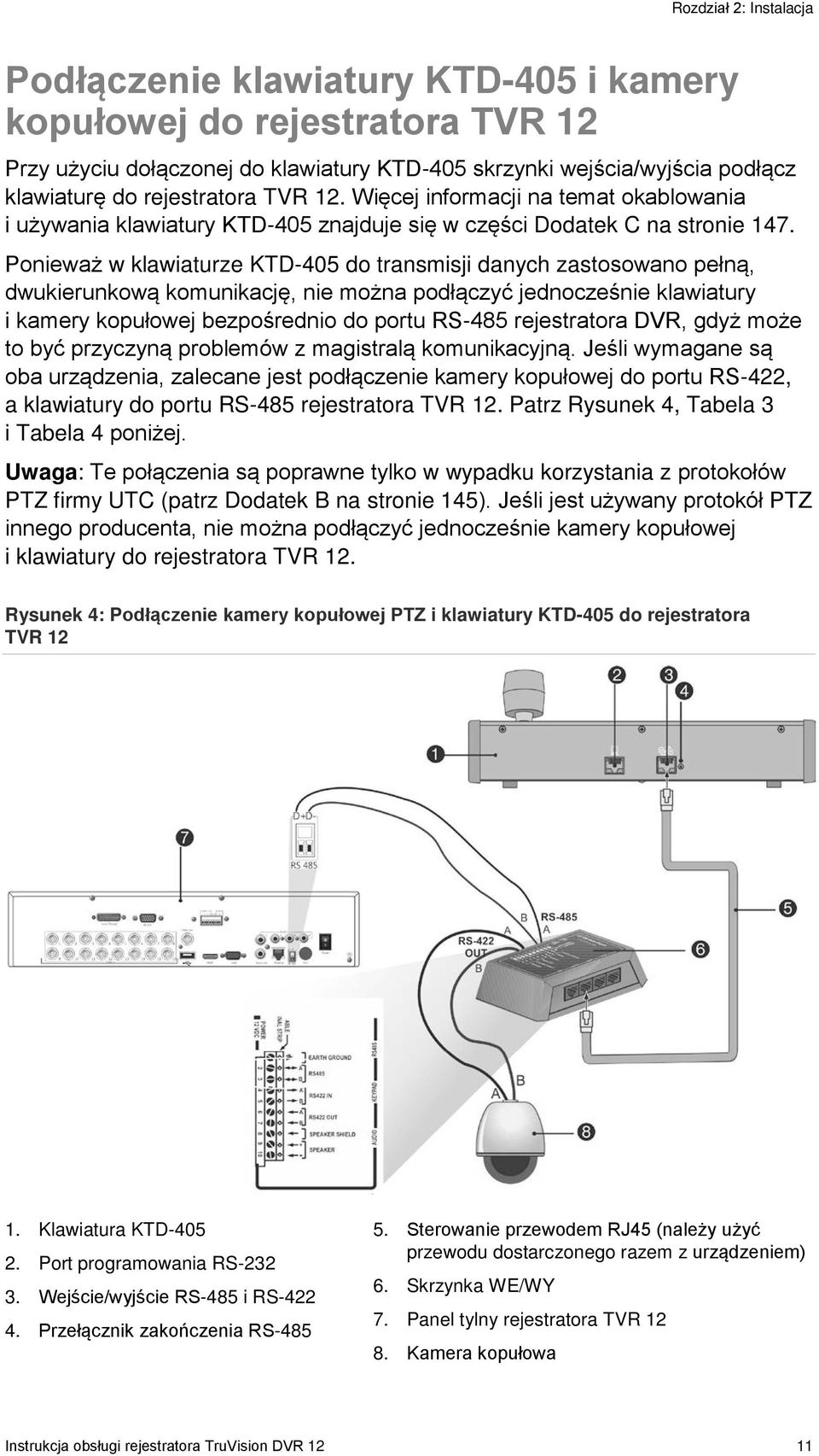 Ponieważ w klawiaturze KTD-405 do transmisji danych zastosowano pełną, dwukierunkową komunikację, nie można podłączyć jednocześnie klawiatury i kamery kopułowej bezpośrednio do portu RS-485