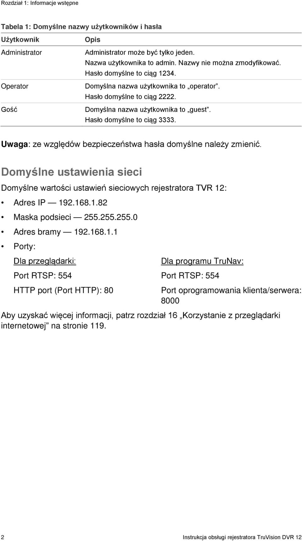 Uwaga: ze względów bezpieczeństwa hasła domyślne należy zmienić. Domyślne ustawienia sieci Domyślne wartości ustawień sieciowych rejestratora TVR 12: Adres IP 192.168.1.82 Maska podsieci 255.