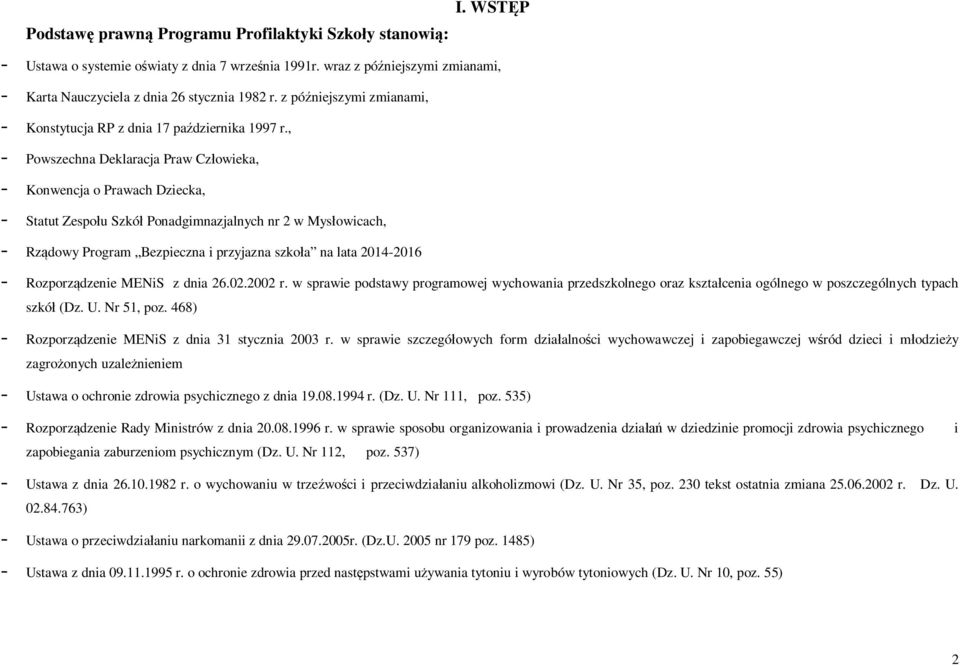 , - Powszechna Deklaracja Praw Człowieka, - Konwencja o Prawach Dziecka, - Statut Zespołu Szkół Ponadgimnazjalnych nr 2 w Mysłowicach, - Rządowy Program Bezpieczna i przyjazna szkoła na lata