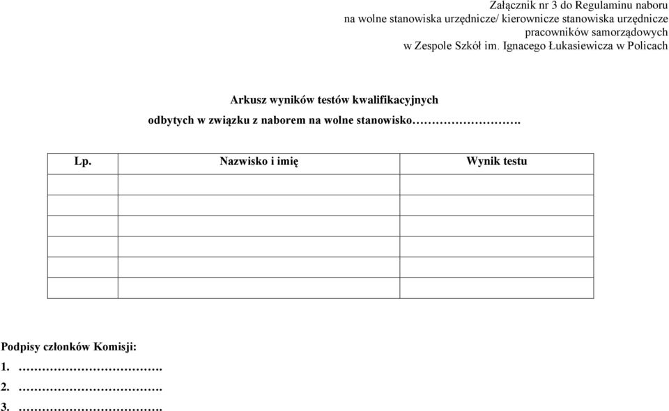 Ignacego Łukasiewicza w Policach Arkusz wyników testów kwalifikacyjnych odbytych w