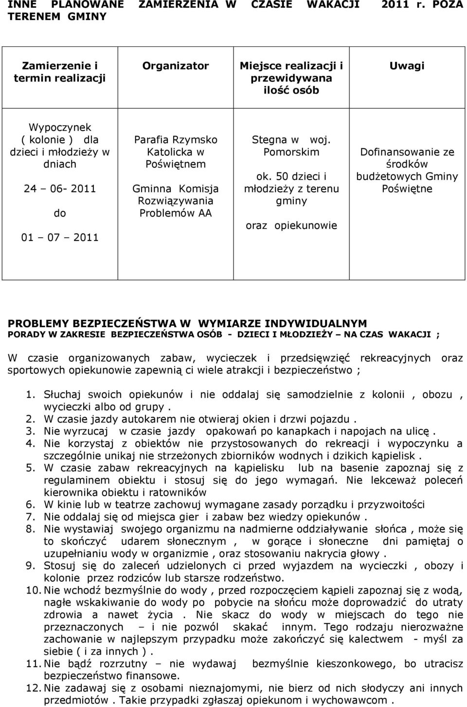Parafia Rzymsko Katolicka w Poświętnem Gminna Komisja Rozwiązywania Problemów AA Stegna w woj. Pomorskim ok.