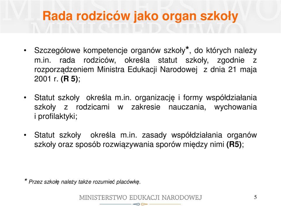 (R 5); Statut szkoły określa m.in.