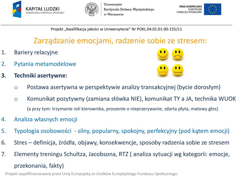 WUOK (a przy tym: trzymanie roli kierownika, proszenie o nieprzerywanie, zdarta płyta, matowy głos) 4. Analiza własnych emocji 5.