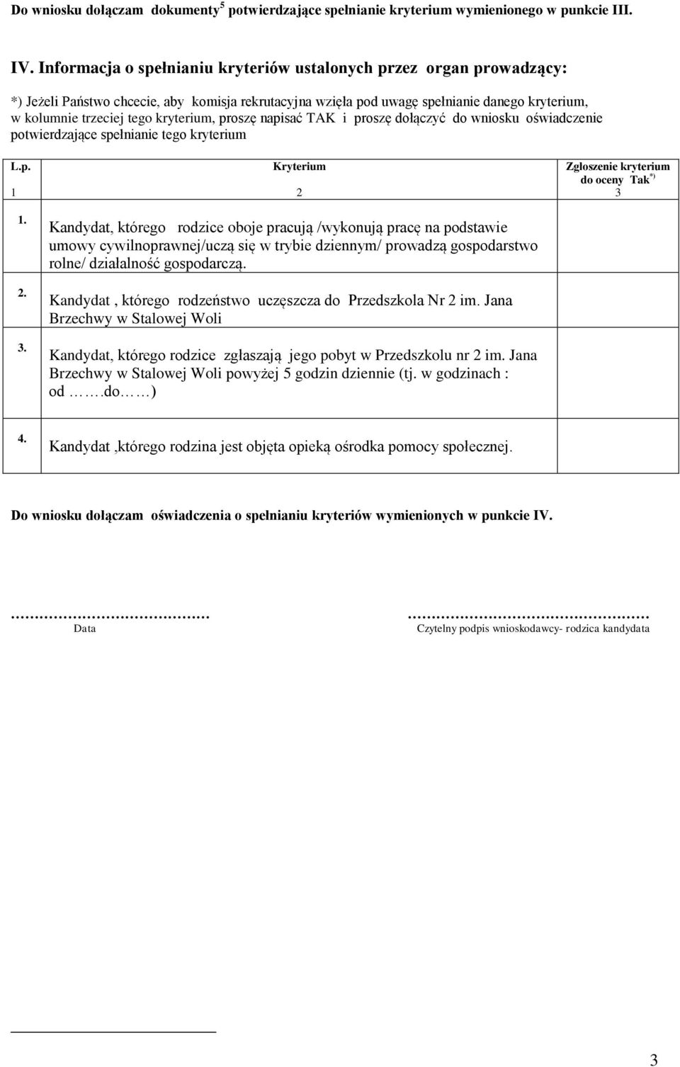 kryterium, proszę napisać TAK i proszę dołączyć do wniosku oświadczenie potwierdzające spełnianie tego kryterium L.p.... Kryterium Kandydat, którego rodzice oboje pracują /wykonują pracę na podstawie umowy cywilnoprawnej/uczą się w trybie dziennym/ prowadzą gospodarstwo rolne/ działalność gospodarczą.