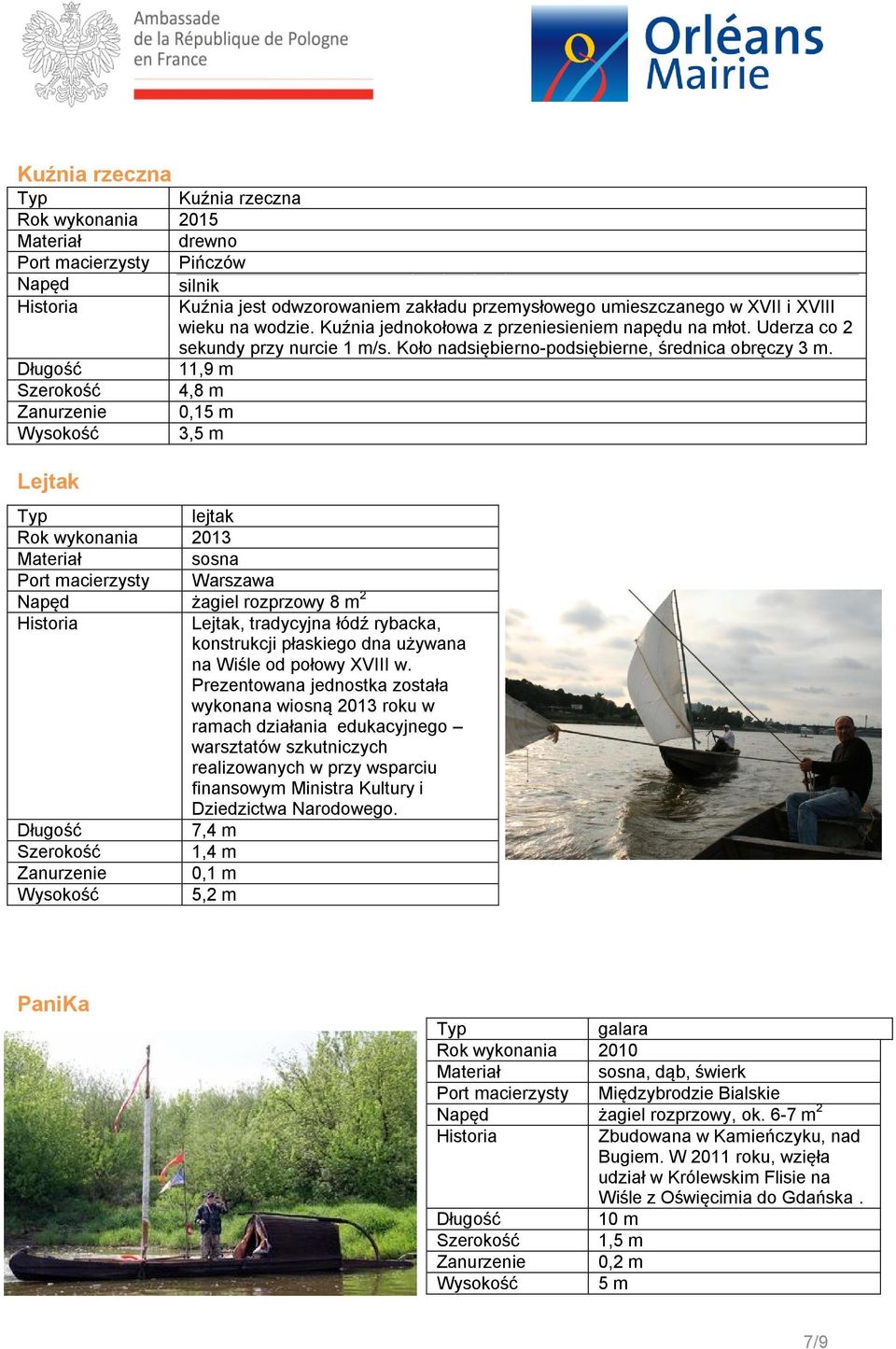 11,9 m Szerokość 4,8 m Zanurzenie 0,15 m Wysokość 3,5 m Lejtak lejtak Rok wykonania 2013 sosna Port macierzysty Warszawa Napęd żagiel rozprzowy 8 m 2 Lejtak, tradycyjna łódź rybacka, konstrukcji