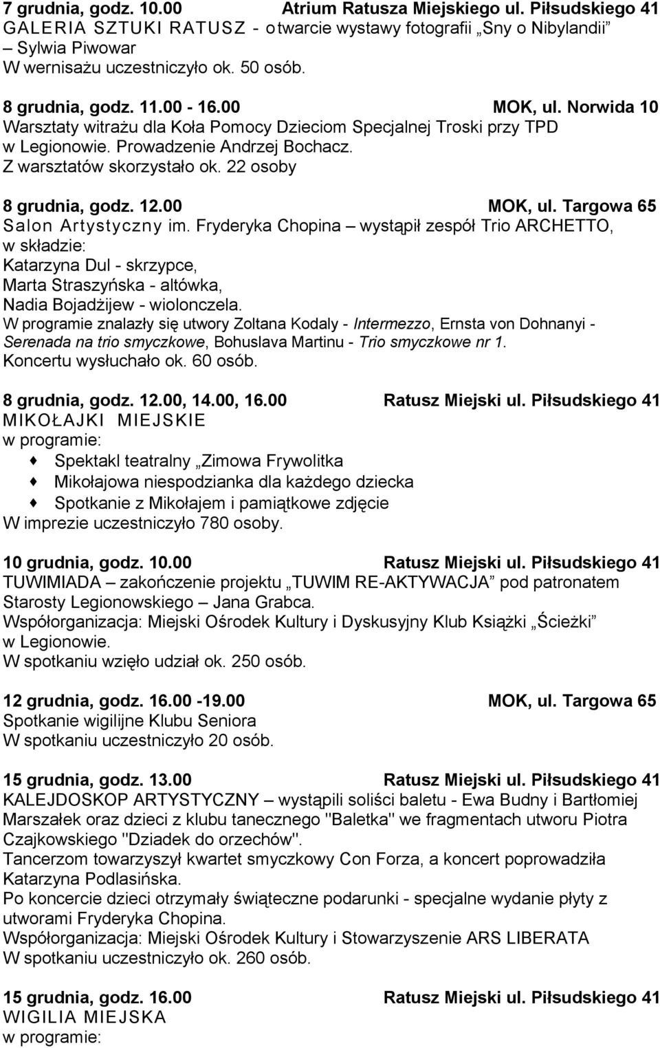 22 osoby 8 grudnia, godz. 12.00 MOK, ul. Targowa 65 Salon Artystyczny im.