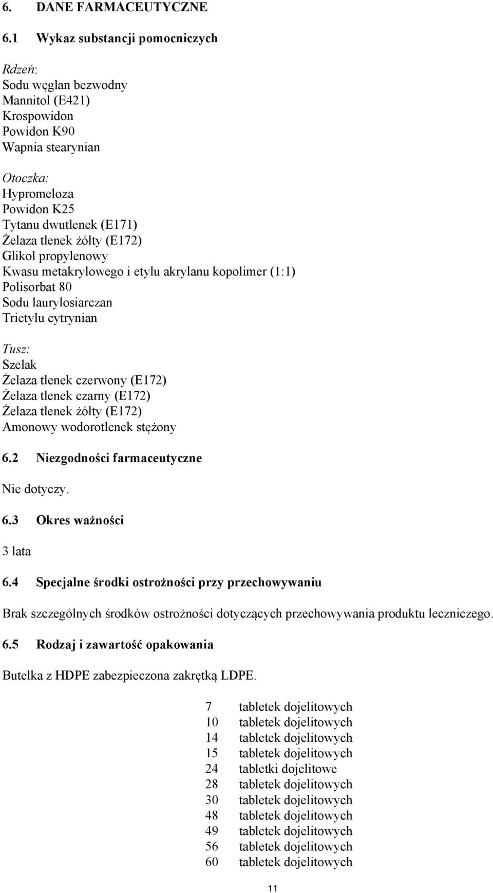 (E172) Glikol propylenowy Kwasu metakrylowego i etylu akrylanu kopolimer (1:1) Polisorbat 80 Sodu laurylosiarczan Trietylu cytrynian Tusz: Szelak Żelaza tlenek czerwony (E172) Żelaza tlenek czarny