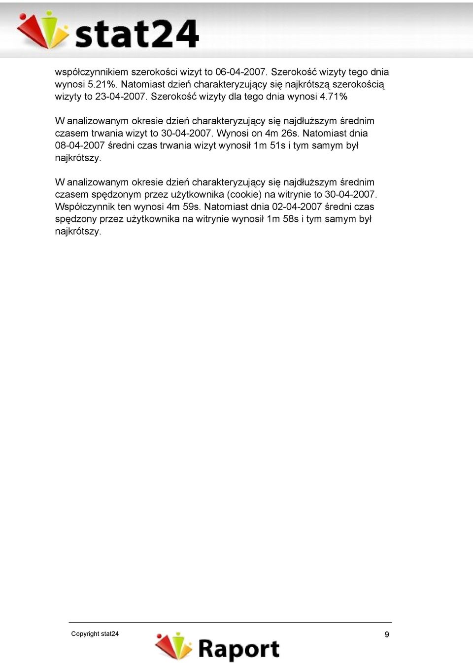 Natomiast dnia 08-04-2007 średni czas trwania wizyt wynosił 1m 51s i tym samym był najkrótszy.