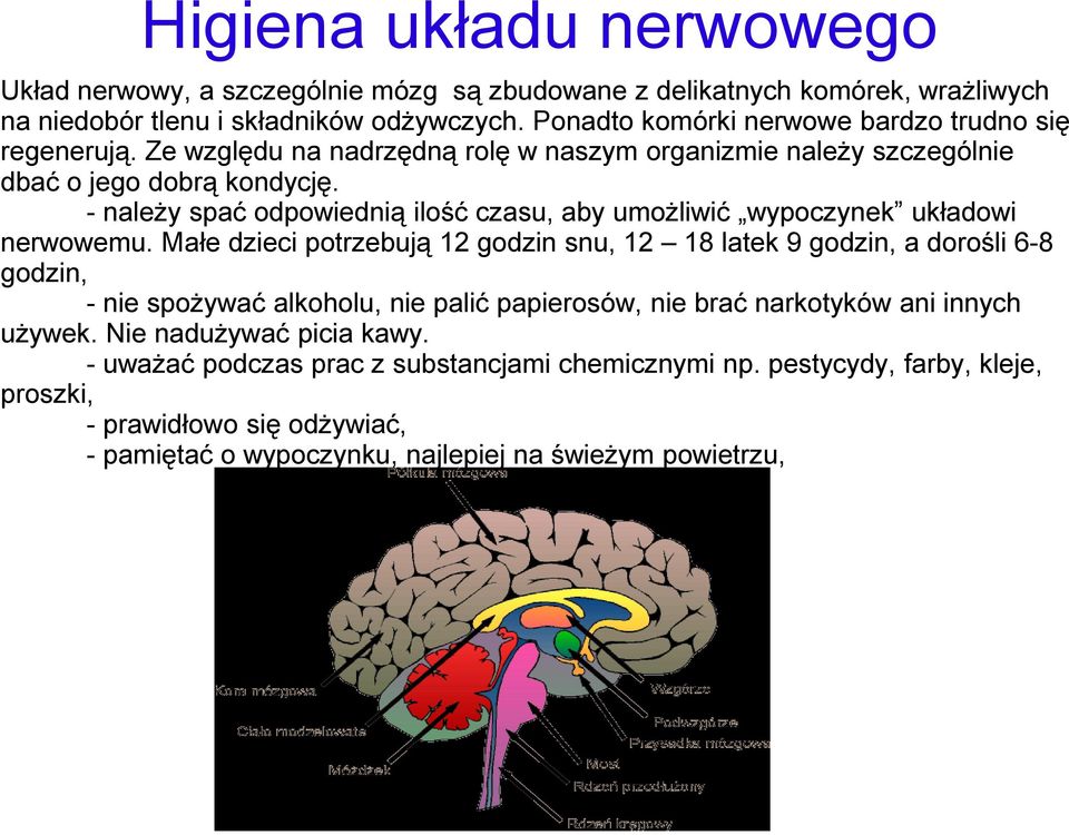 - należy spać odpowiednią ilość czasu, aby umożliwić wypoczynek układowi nerwowemu.