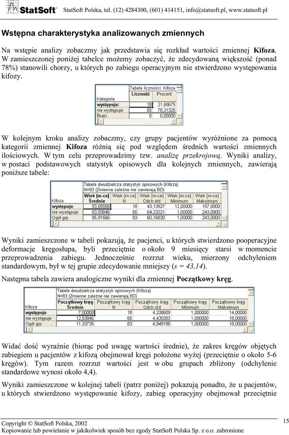 W kolejnym kroku analizy zobaczmy, czy grupy pacjentów wyróżnione za pomocą kategorii zmiennej Kifoza różnią się pod względem średnich wartości zmiennych ilościowych. W tym celu przeprowadzimy tzw.