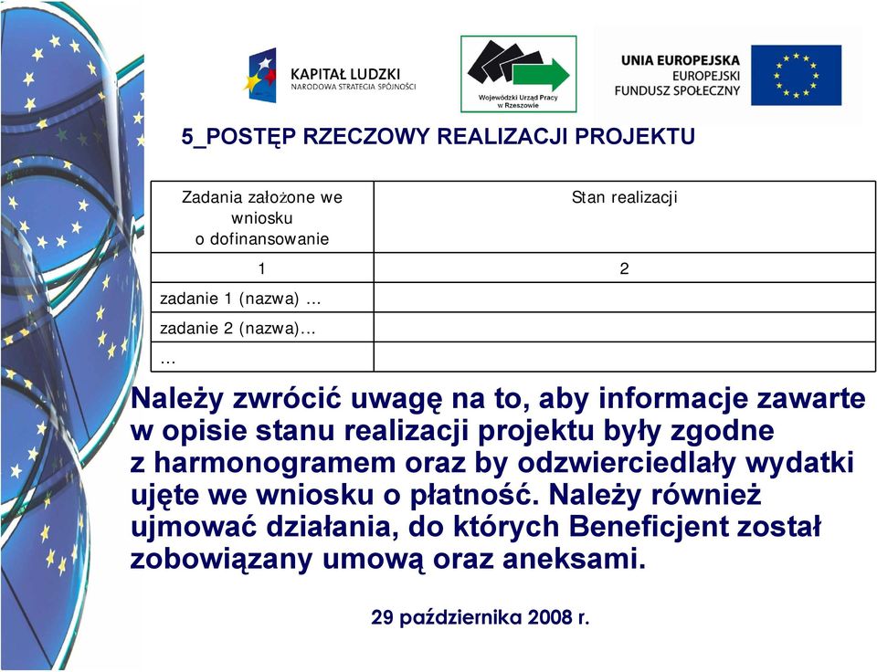 .. Należy zwrócić uwagę na to, aby informacje zawarte w opisie stanu realizacji projektu były zgodne z