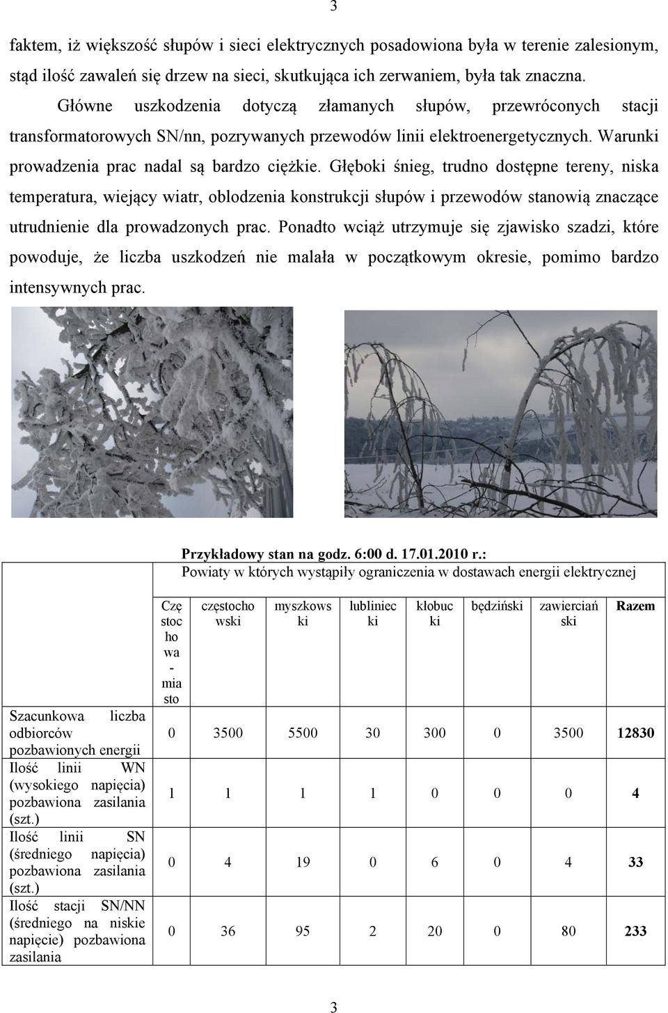 Głęboki śnieg, trudno dostępne tereny, niska temperatura, wiejący wiatr, oblodzenia konstrukcji słupów i przewodów stanowią znaczące utrudnienie dla prowadzonych prac.