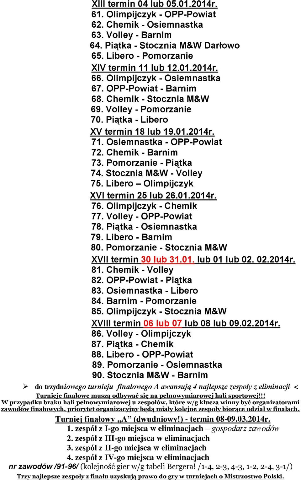 Chemik - Barnim 73. Pomorzanie - Piątka 74. Stocznia M&W - Volley 75. Libero Olimpijczyk XVI termin 25 lub 26.01.2014r. 76. Olimpijczyk - Chemik 77. Volley - OPP-Powiat 78. Piątka - Osiemnastka 79.