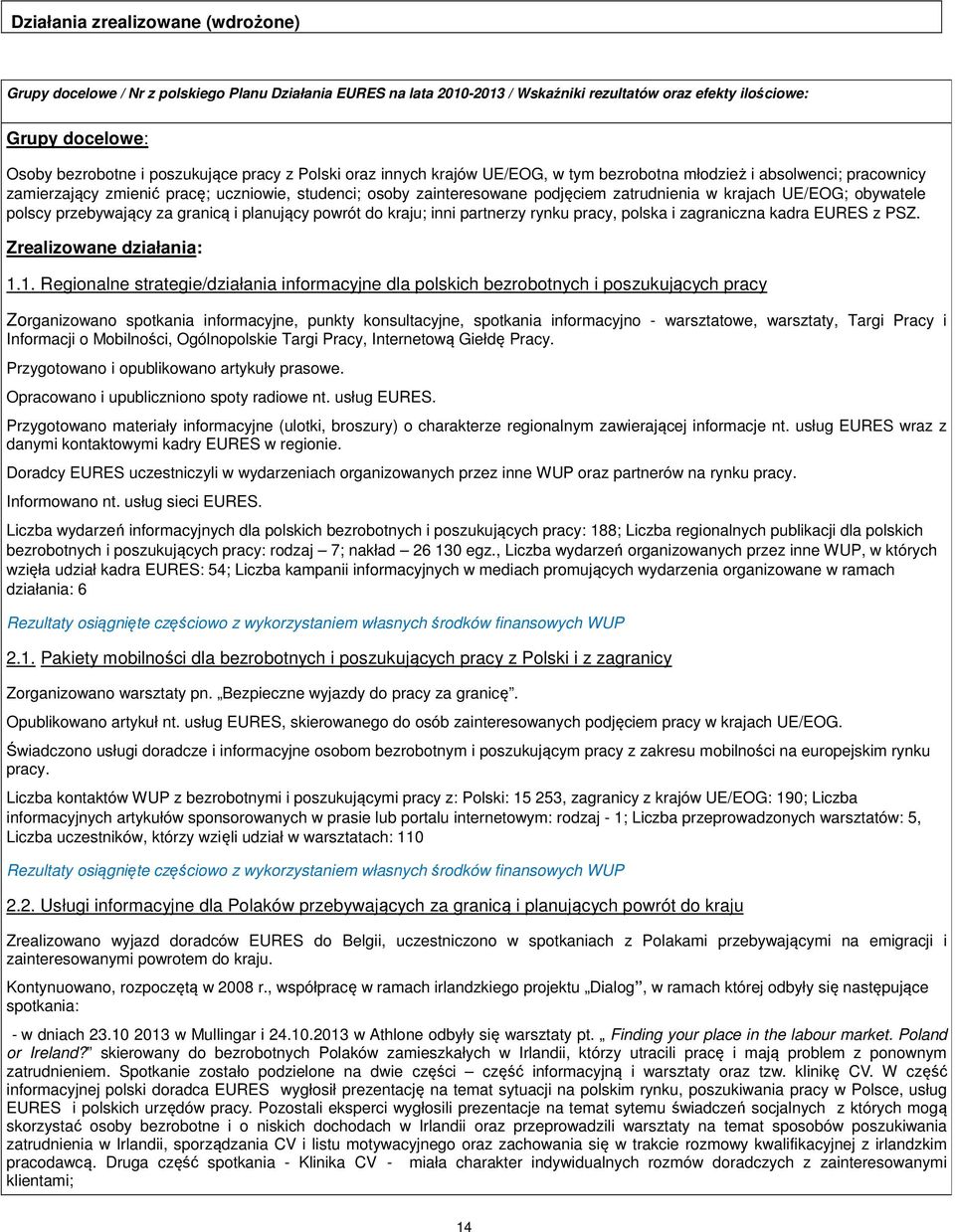 UE/EOG; obywatele polscy przebywający za granicą i planujący powrót do kraju; inni partnerzy rynku pracy, polska i zagraniczna kadra EURES z PSZ. Zrealizowane działania: 1.