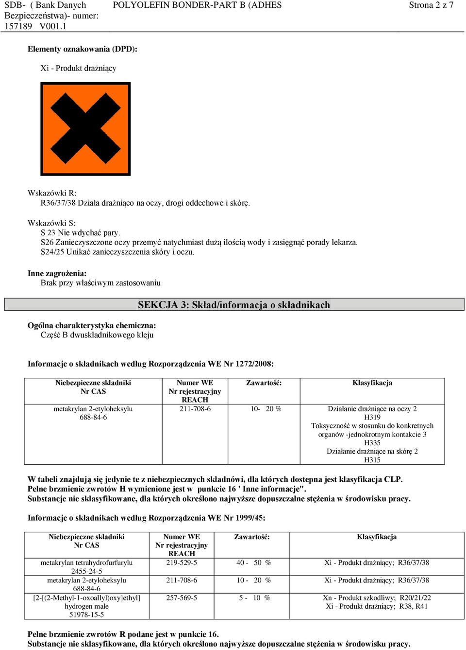 Inne zagrożenia: Brak przy właściwym zastosowaniu Ogólna charakterystyka chemiczna: Część B dwuskładnikowego kleju SEKCJA 3: Skład/informacja o składnikach Informacje o składnikach według